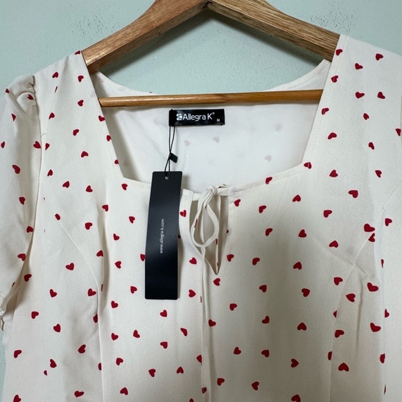 NWT Allegra K Dainty Heart Pattern Square Neck Short Sleeve Fit & Flare Dress‎ - Picture 9 of 10